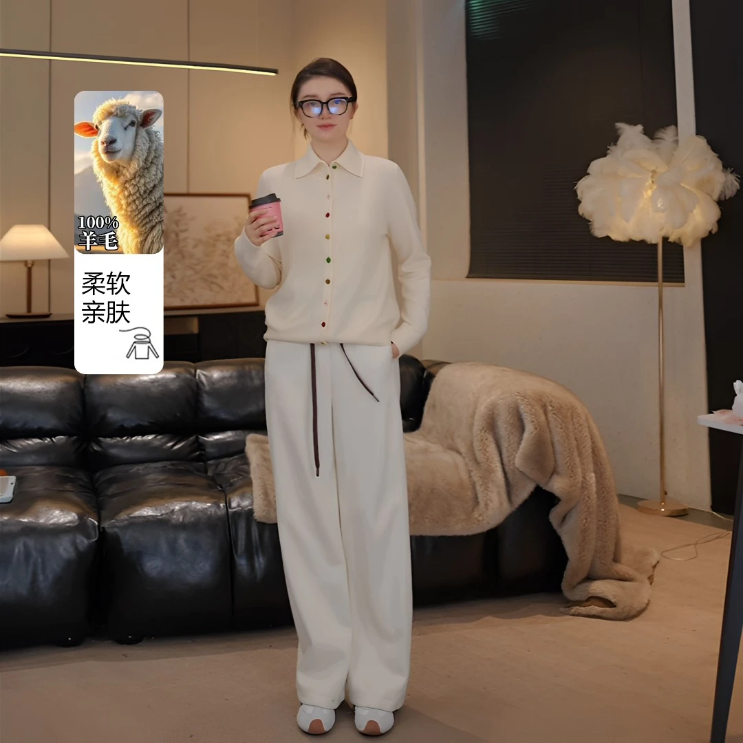 【蕊蕊】100%羊毛秋冬时尚翻领彩扣气质通勤百搭打底针织衫女Y19555