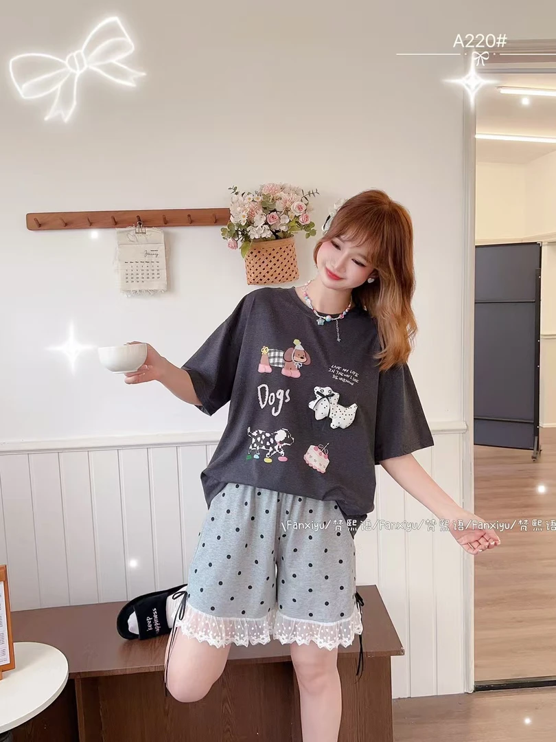 【欢欢精选】梵家波点小狗220半袖短裤可外穿家居服甜美可爱