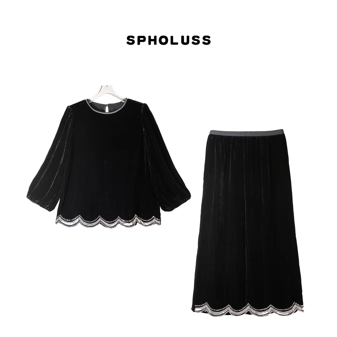 【丝芙玉禄】（A014）100%真丝丝绒重工钉珠圆领轻奢时尚休闲时尚套装