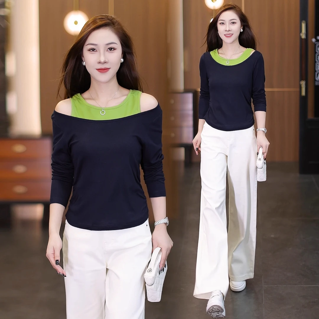 假两件露肩撞色T恤女早秋新款休闲宽松显瘦百搭长袖打底衫上衣潮