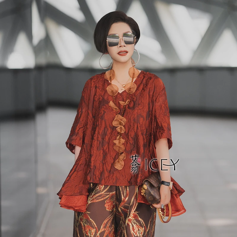 艾翕甄选【调色师】砖红色提花拼纱T恤ZX2501236-1