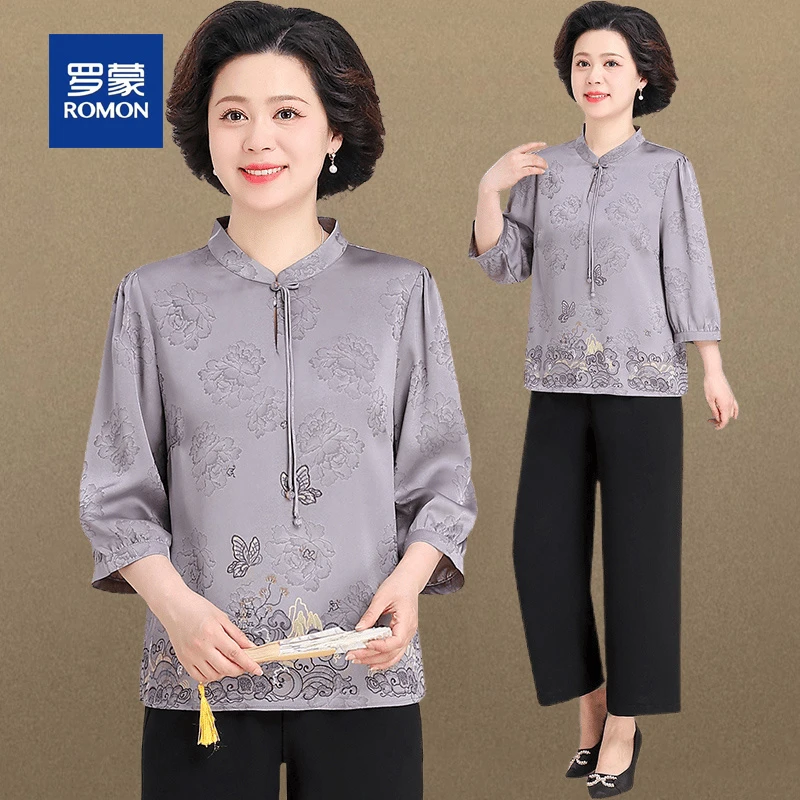 罗蒙新中式妈妈夏装中式蝴蝶印花小衫套装时尚中老年女装宽松衬衫