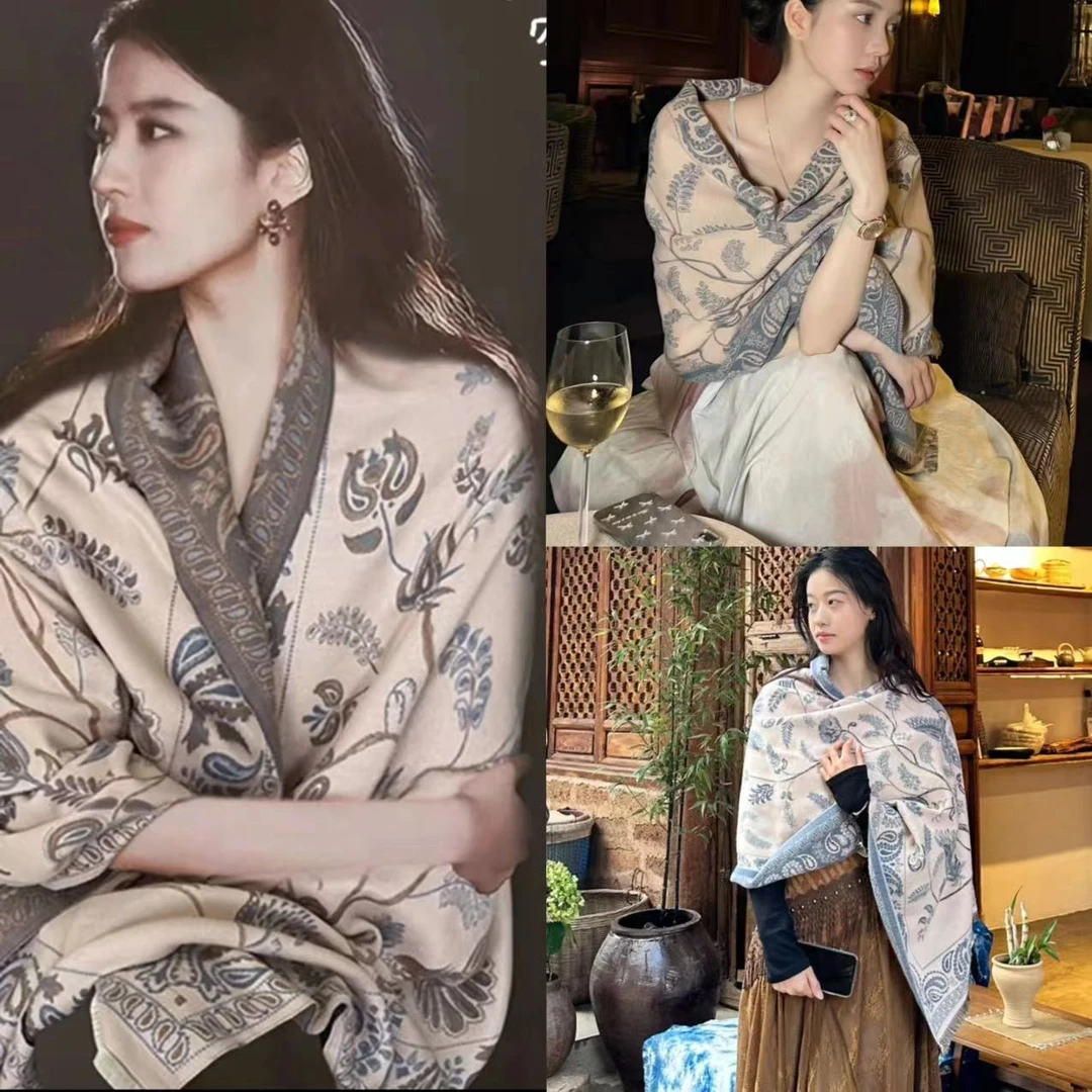 神仙姐姐同款腰果花经典围巾女2025新款保暖外搭双面提花披肩