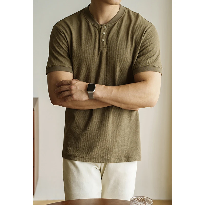 奥兰德保罗英伦风棒球领轻肌理磁吸扣短袖男夏季商务休闲纯色T恤