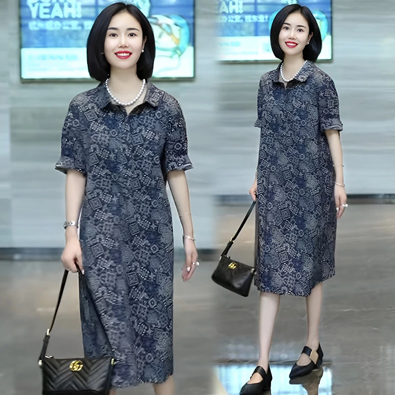 2025夏季新款复古蓝色显瘦女士长裙时尚洋气气质印花中长款连衣裙