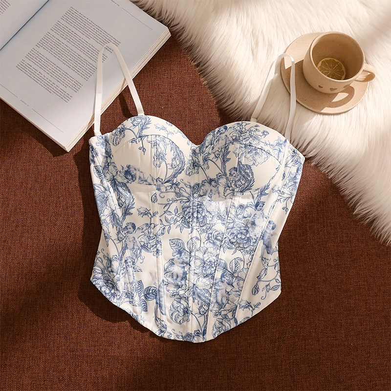 法式复古印花鱼骨胸衣吊带背心女夏内搭性感束腰修身显瘦抹胸上衣