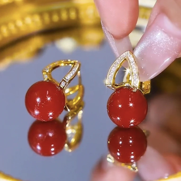 铜合金锆石耳饰 红色相思豆吊坠耳饰耳扣2023年新款港风时尚耳扣