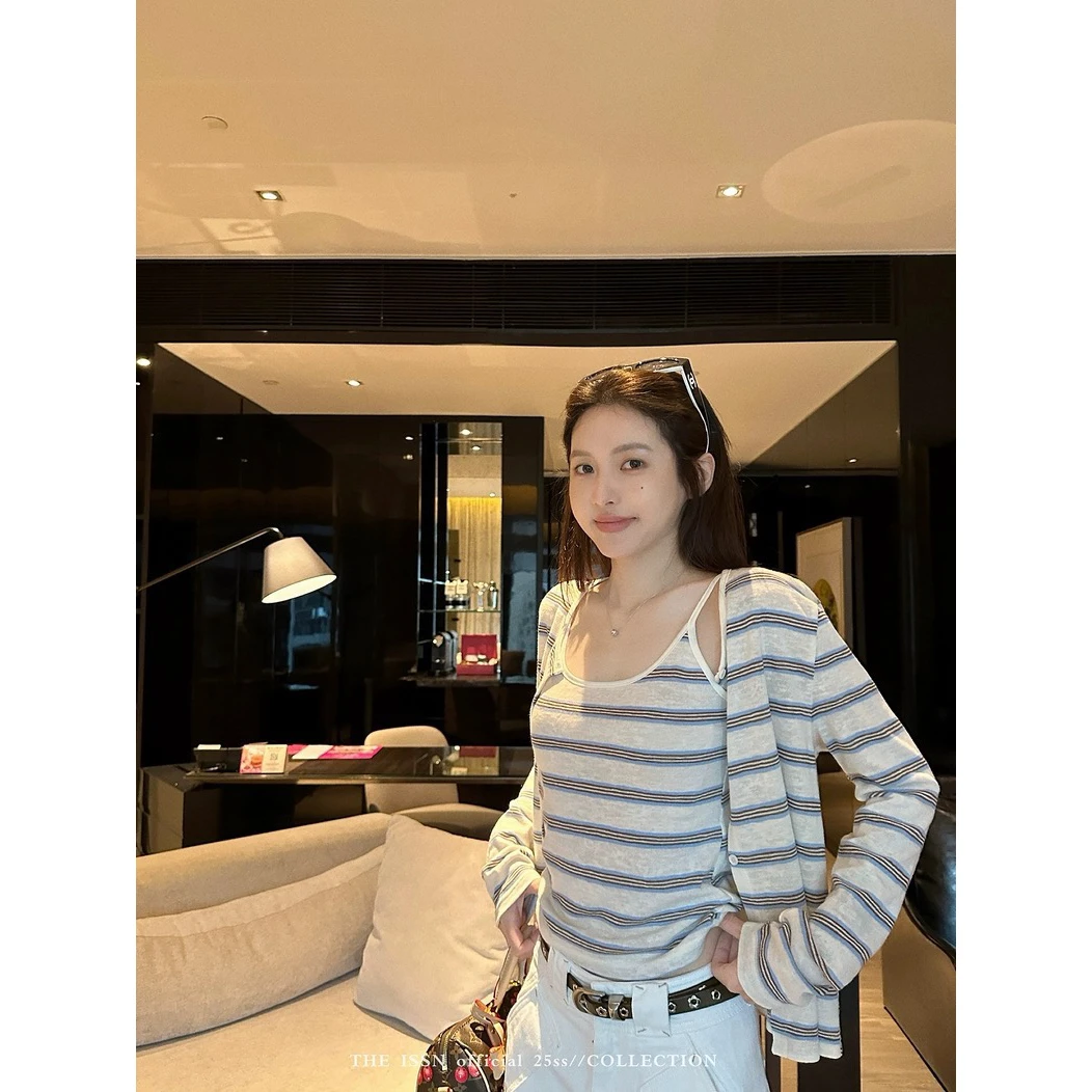 黑猫+2025早秋新款条纹内搭吊带背心气质防晒薄款长袖开衫上衣套