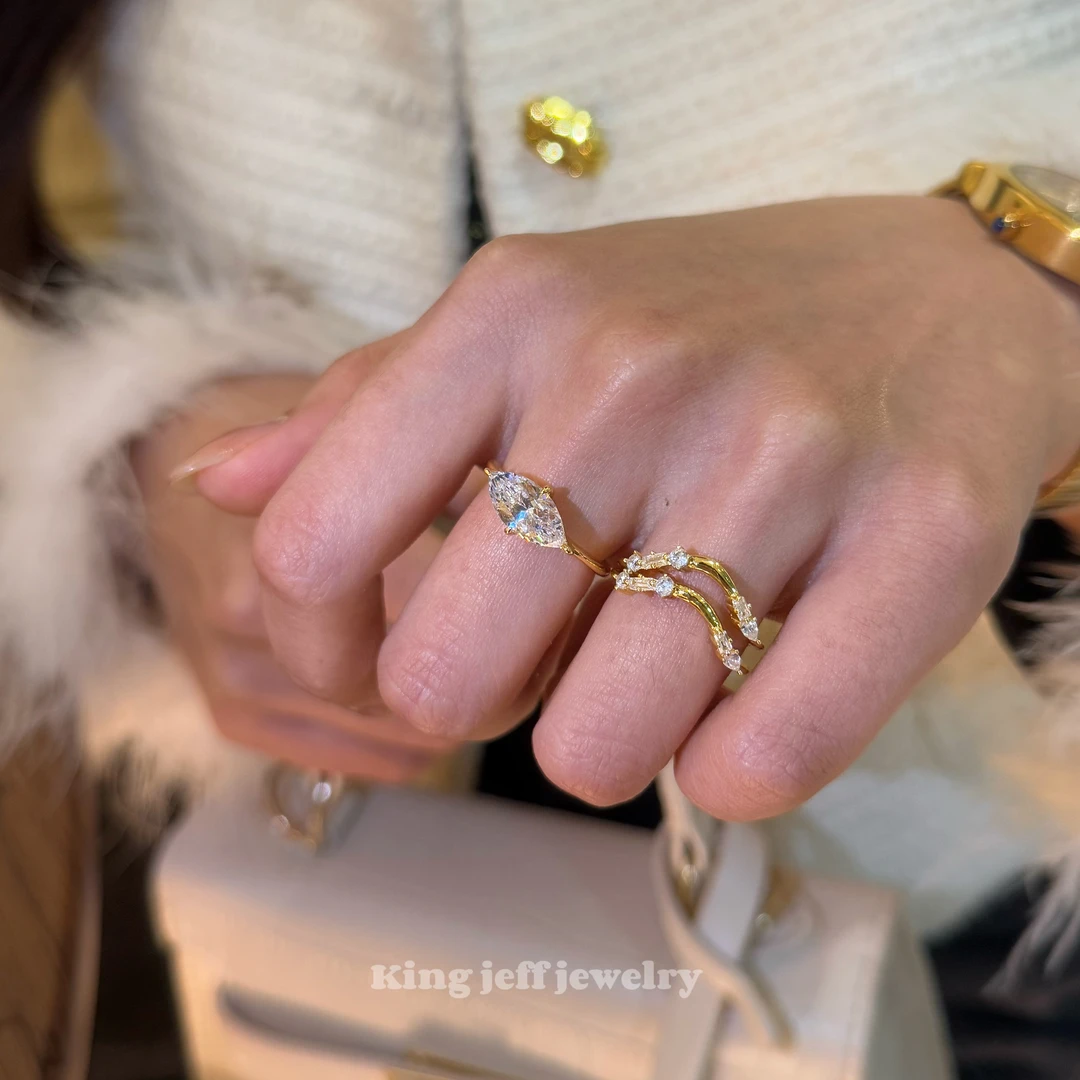 金杰福 【三带款马眼形套戒】中古风极简2克拉s925银镀金戒指