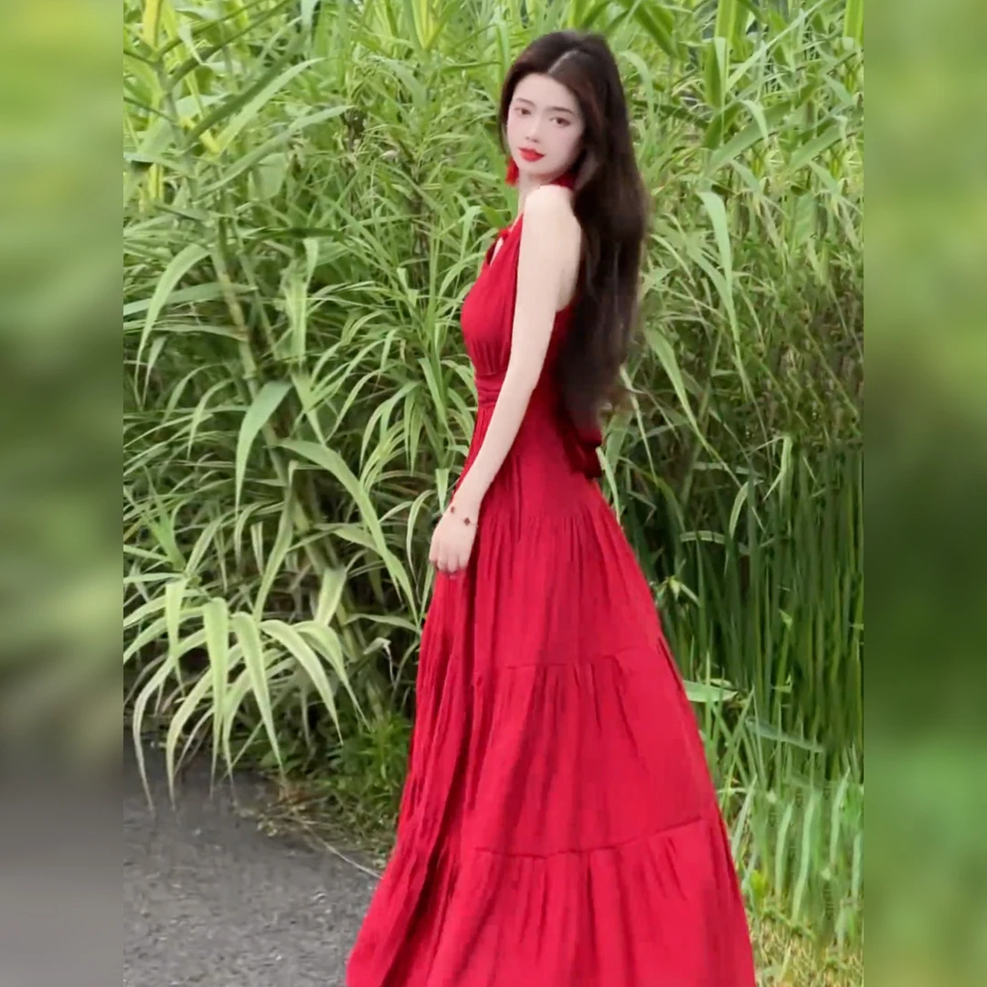 海边红色拍照好看度假挂脖吊带连衣裙沙滩夏季掐腰长裙C5L53852-7