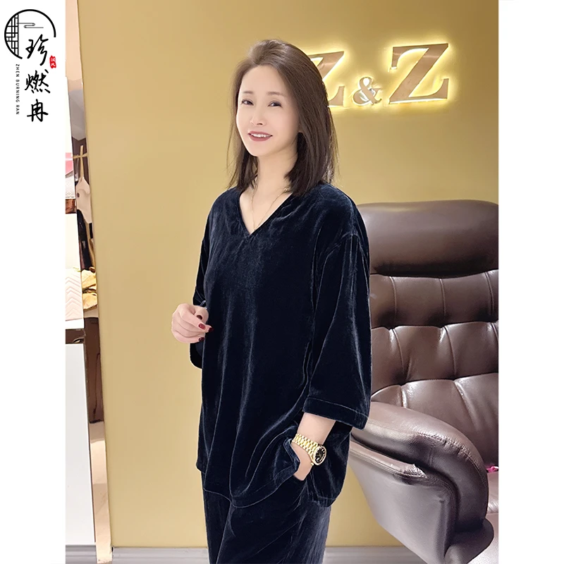 【珍珍国风】【经典丝绒】新中式纯色蚕丝显瘦气质8分袖上衣S-11191