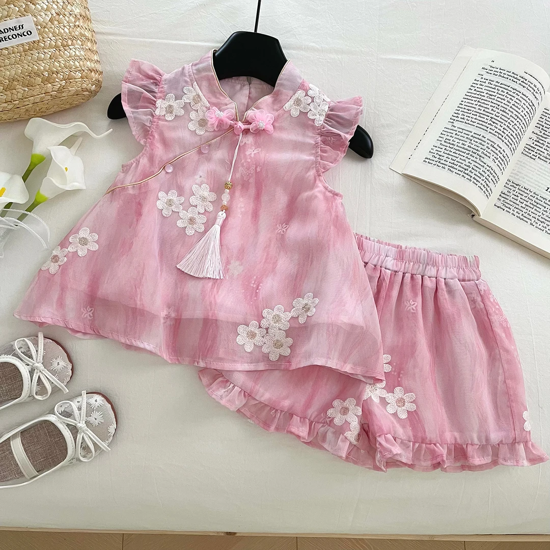 【桃花】女童夏季国风套装刺绣新中式两件套女宝复古无袖短裤SL0142