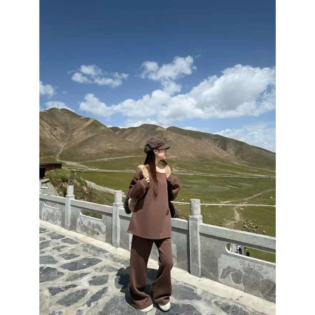 【陈碗饭】韩版秋季休闲斜肩卫衣微喇卫裤套装气质显瘦180