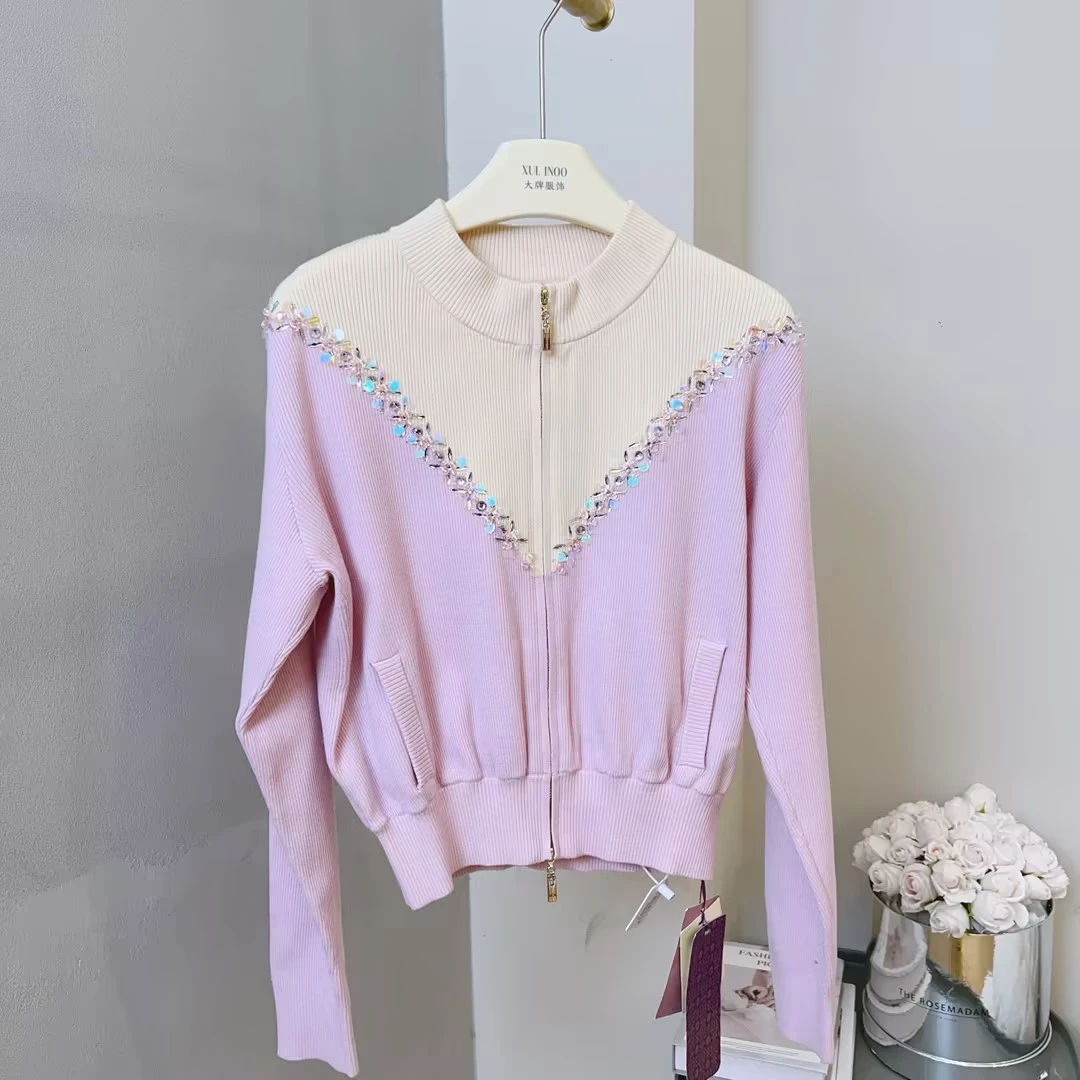 |秋季新款时尚拼接亮片洋气休闲百搭针织开衫 5472