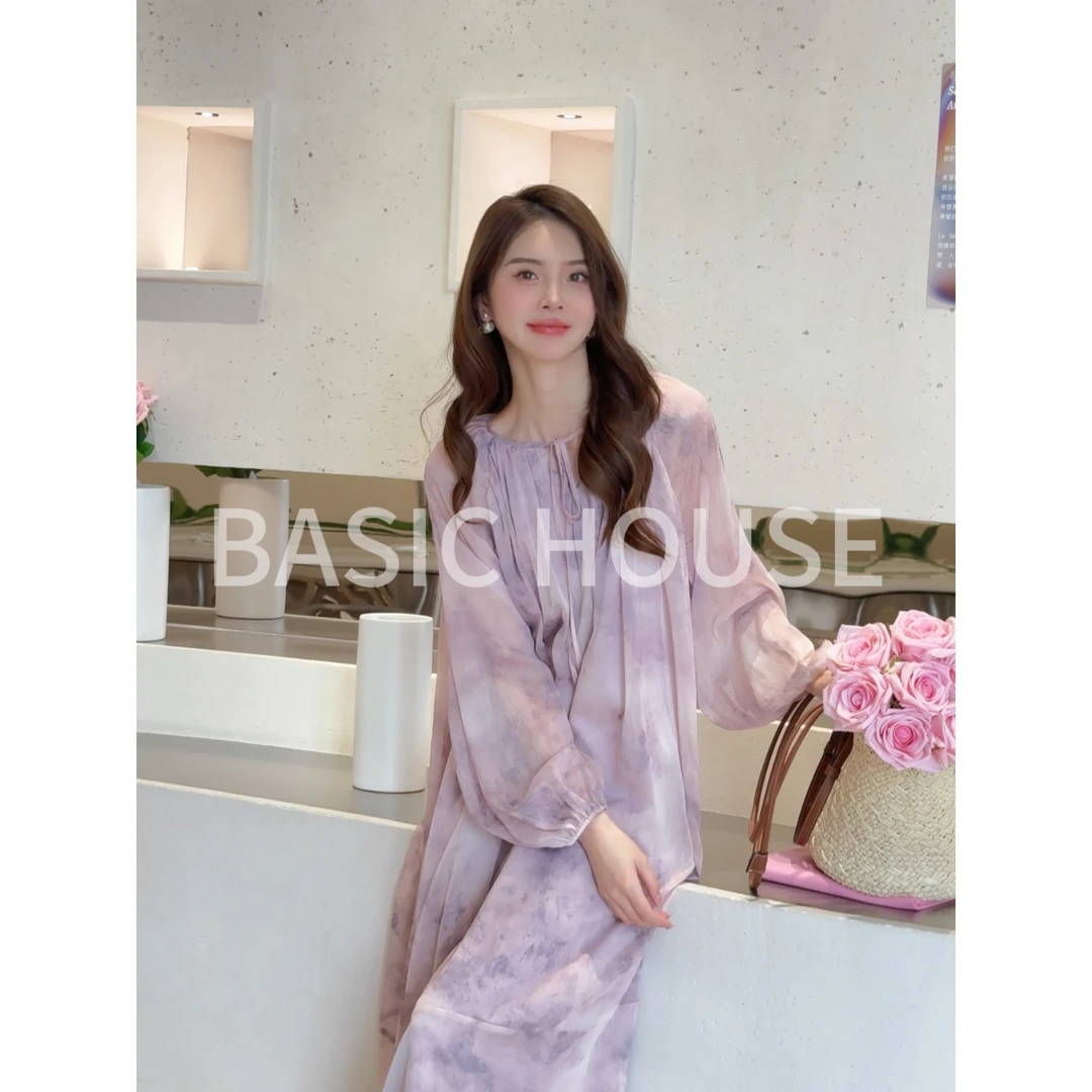 Basic House/百家好法式复古高级感紫色温柔优雅长裙连衣裙女A