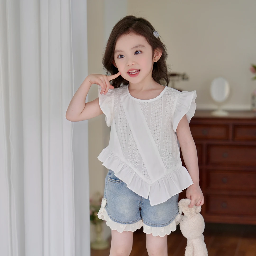 现货【扶摇】100棉5517夏装女童洋气花边衬衫女宝时尚圆领娃娃衫