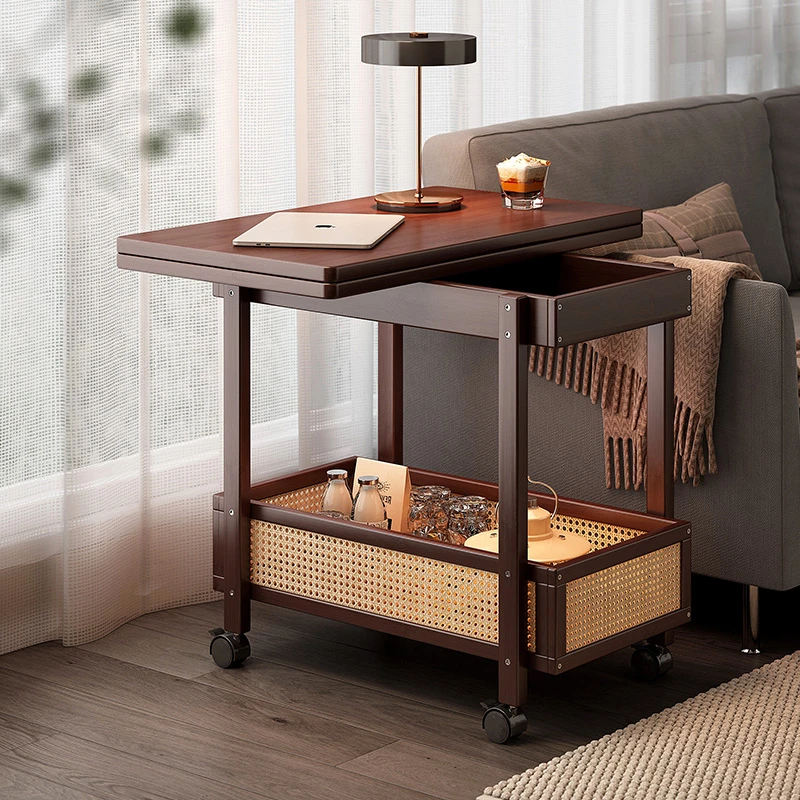 边几茶几可移动沙发边柜小户型折叠推车客厅置物架实木中古小桌子