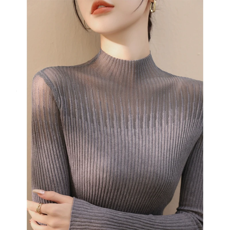 2025年新款洋气网纱套头针织衫打底秋冬设计半高领内搭长袖上衣女