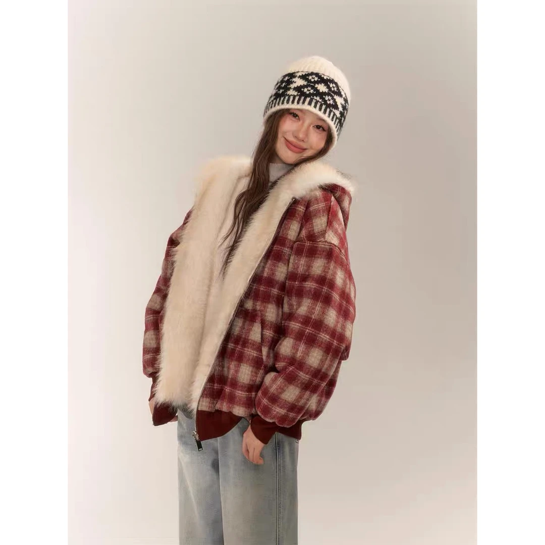 布拉格 座山雕男女同款两面穿格纹毛绒外套加厚宽松复古毛毛外套