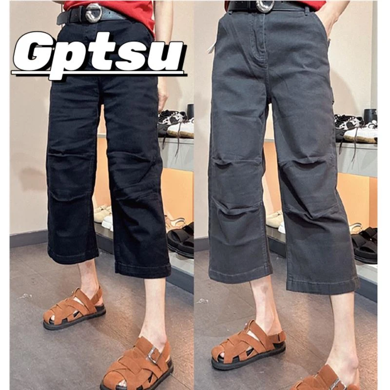 GPTSu大码装2025年夏季阔腿八分弯刀牛仔裤显瘦直筒奶奶裤镰刀裤