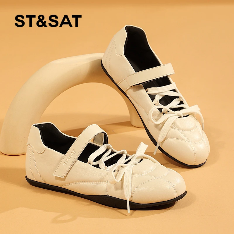 星期六芭蕾风休闲鞋女款平底单鞋2025春季新款复古ins绑带小白鞋