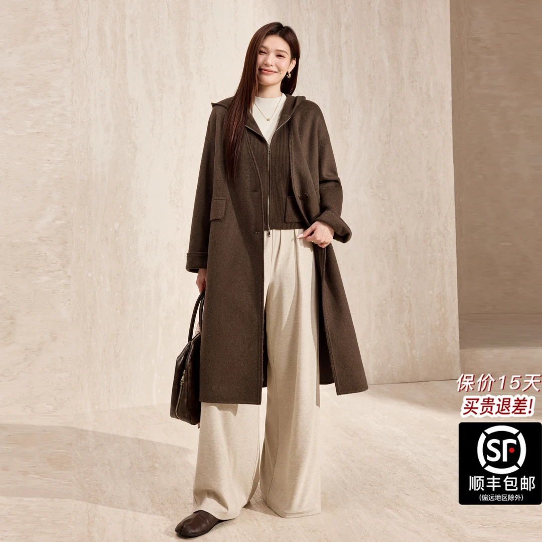 蓝语大码女装毛呢外套中长款简约双面呢大衣秋冬季系带百搭设计师