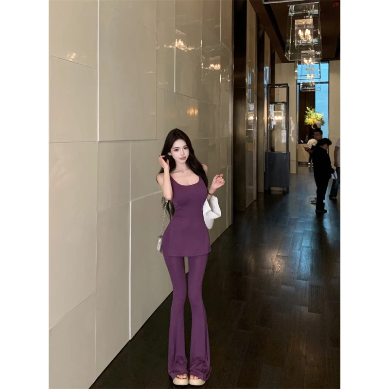 辣妹U领收腰无袖背心高腰垂感微喇长裤两件套女夏季纯欲气质套装