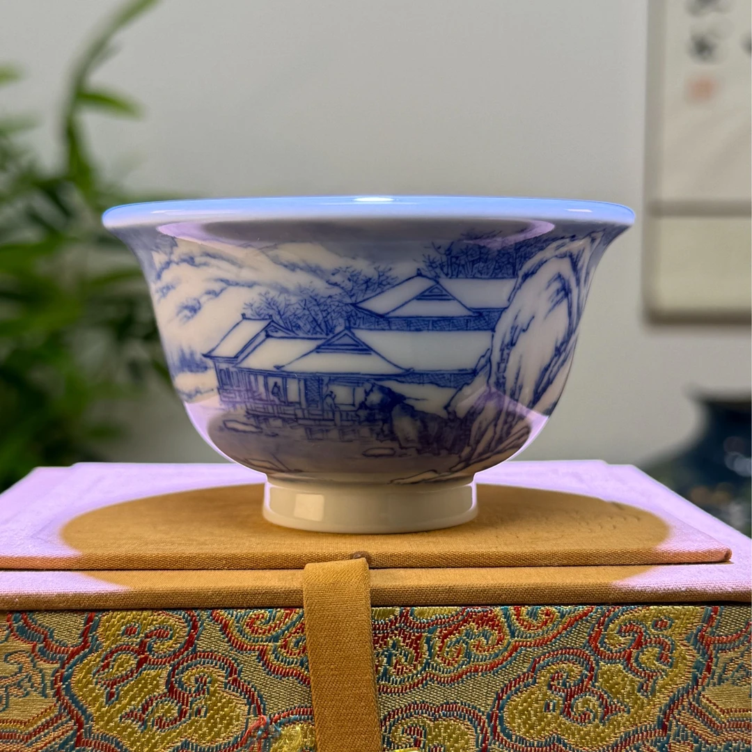 柯火钧天青花雪景纯手工手绘溪雾山居景德镇压手杯柴窑内绘主人杯