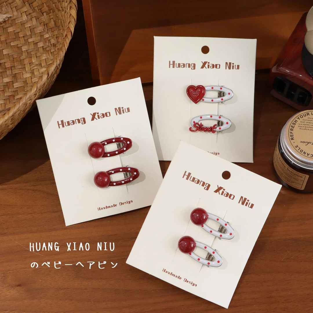 黄小妞红色波点珍珠发夹鸭嘴夹气质酒红法式侧边夹刘海夹发卡发饰