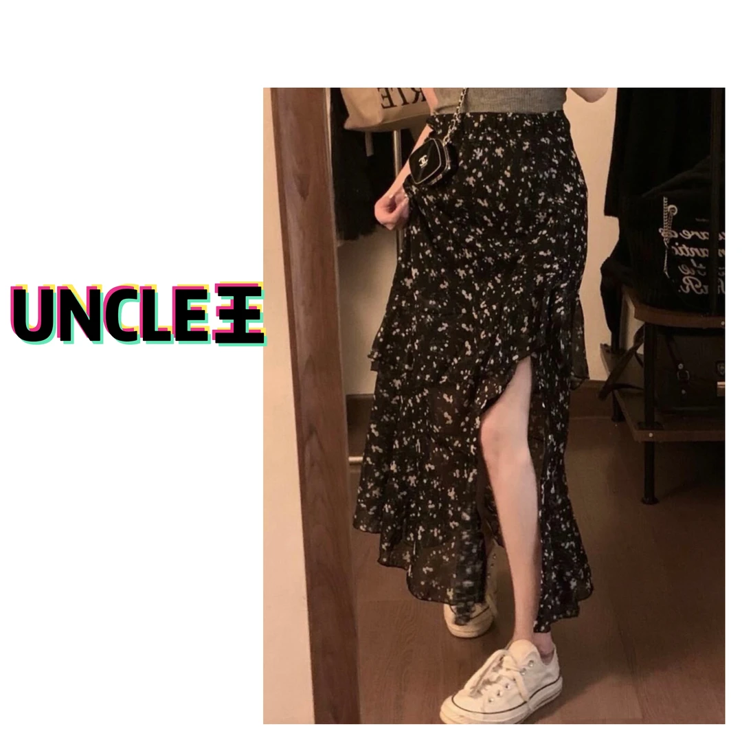 1022夏季新款碎花荷叶边开衩中长款高腰显瘦大码半身裙女