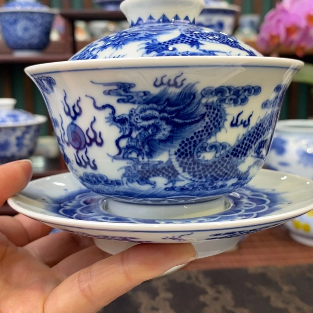 手工陶瓷柴窑五龙六面绘盖碗