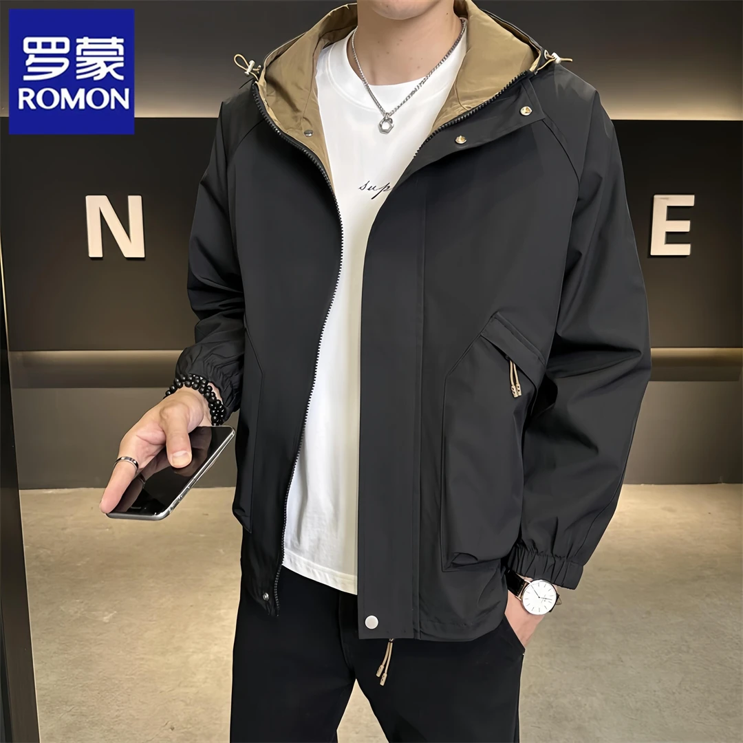 罗蒙男士帅气百搭夹克2025秋季新款潮流宽松时尚休闲防风连帽外套