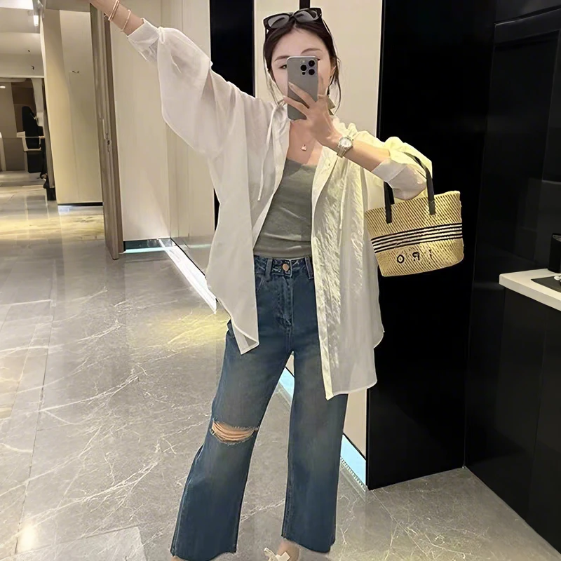 夏季新款长袖连帽休闲百搭衬衣2025简约时尚薄款显瘦抽绳开衫X931