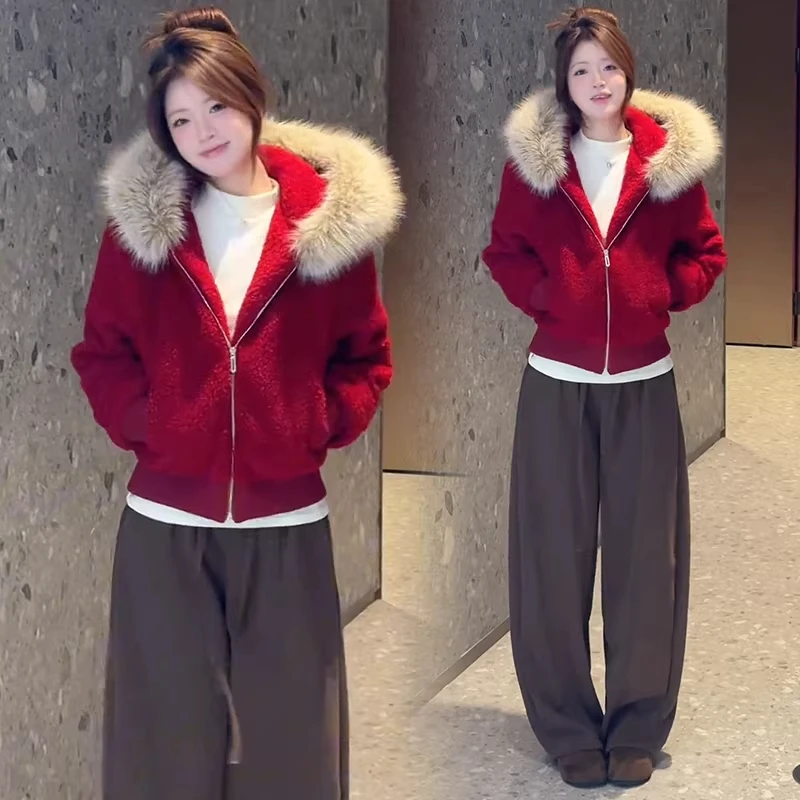 短款高级感外套女今年冬季新款韩版洋气大毛领连帽开衫毛毛上衣潮