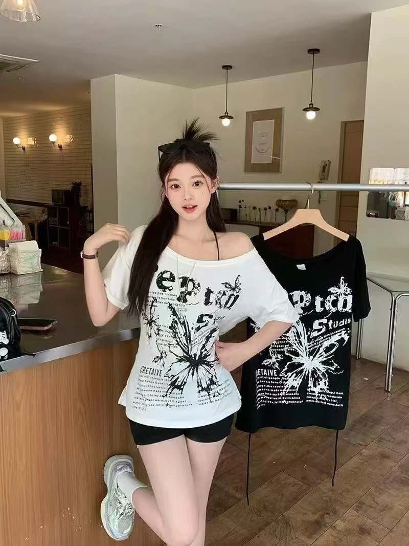 Yi+大码露肩一字领印花宽松休闲短袖T