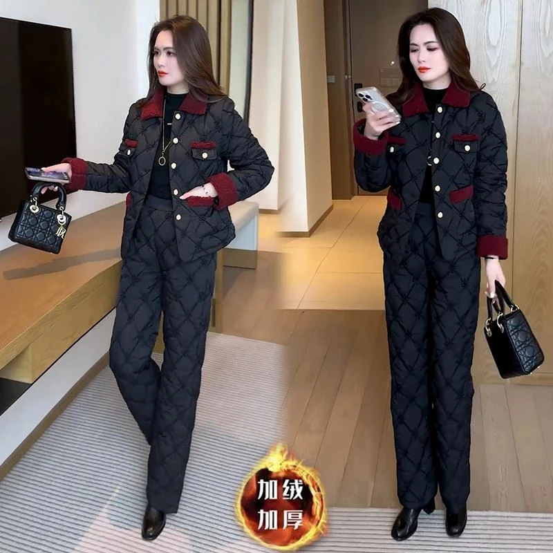 轻薄套装冬装韩版外穿修身保暖菱格大码时尚套装加绒加厚洋气