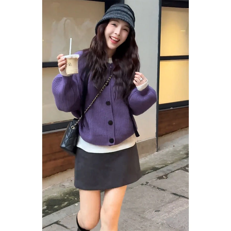 甜美淑女显瘦气质高腰短裙宽松减龄圆领长袖针织开衫秋冬季两件套