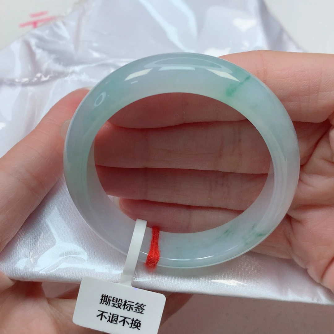 翡翠手镯未镶嵌53.8贵妃 冰飘绿花带抹紫