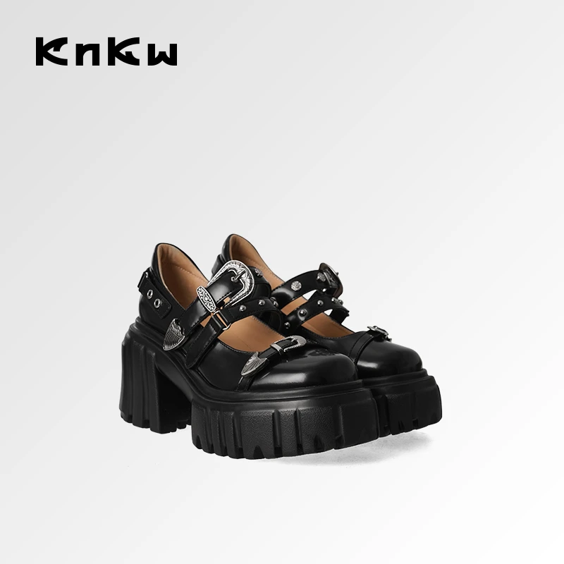 KNKW小众时尚粗跟玛丽珍鞋2025春夏休闲百搭圆头女鞋W4108E090