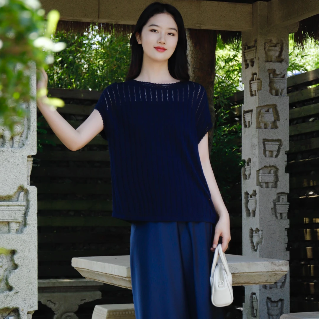 GIRDEAR/哥弟清凉夏日莱赛尔精致百搭镂空圆领短袖针织衫138070