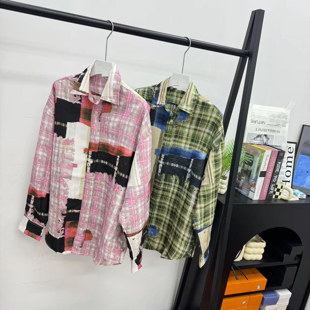 刺绣字母做旧毛边拼接格纹配色宽松显瘦纯棉时髦衬衫25121344