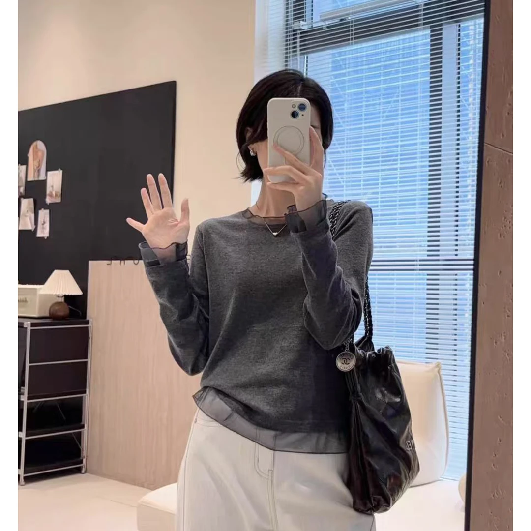 纯色长袖常规款拼接显瘦休闲新潮风圆领T恤女时尚