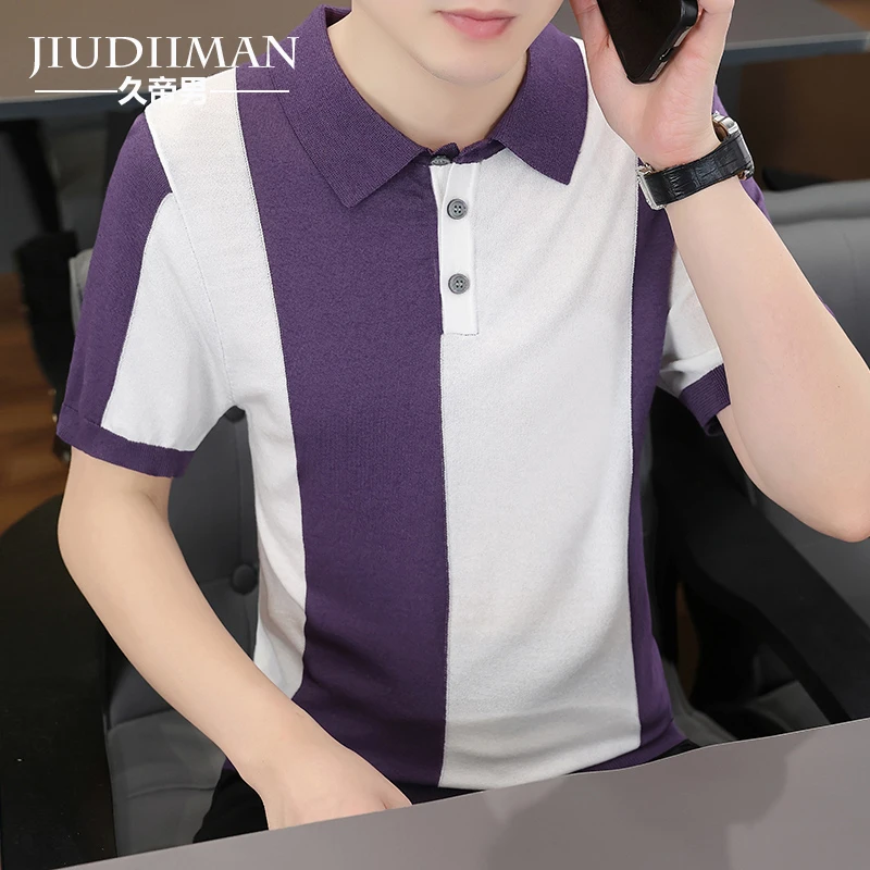 薄款短袖冰丝休闲t恤男士夏季半袖翻领条纹体恤拼色上衣潮流百搭