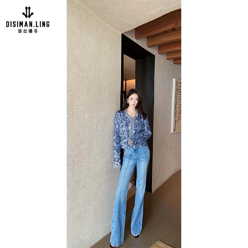 迪丝嫚苓蓝色直筒复古牛仔裤时尚百搭夏季收腰小众设计感原创设计