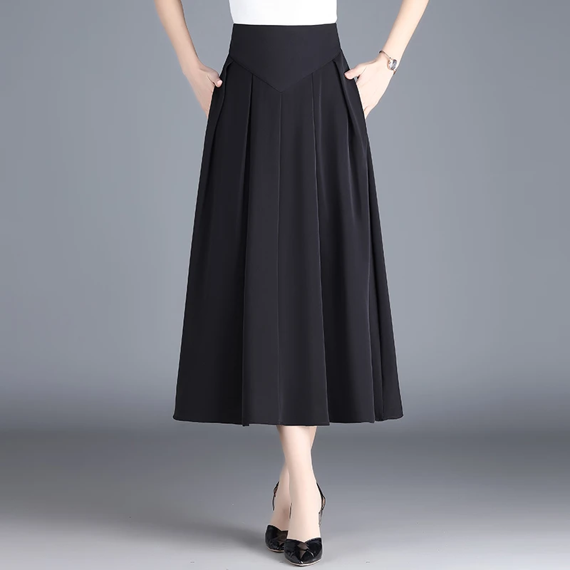 收腰大摆黑色半身裙女夏2025年新款高腰裙子显瘦中长款a字百褶裙