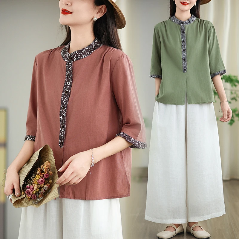 882025新款原创宽松文艺白搭休闲五分袖圆领衬衫