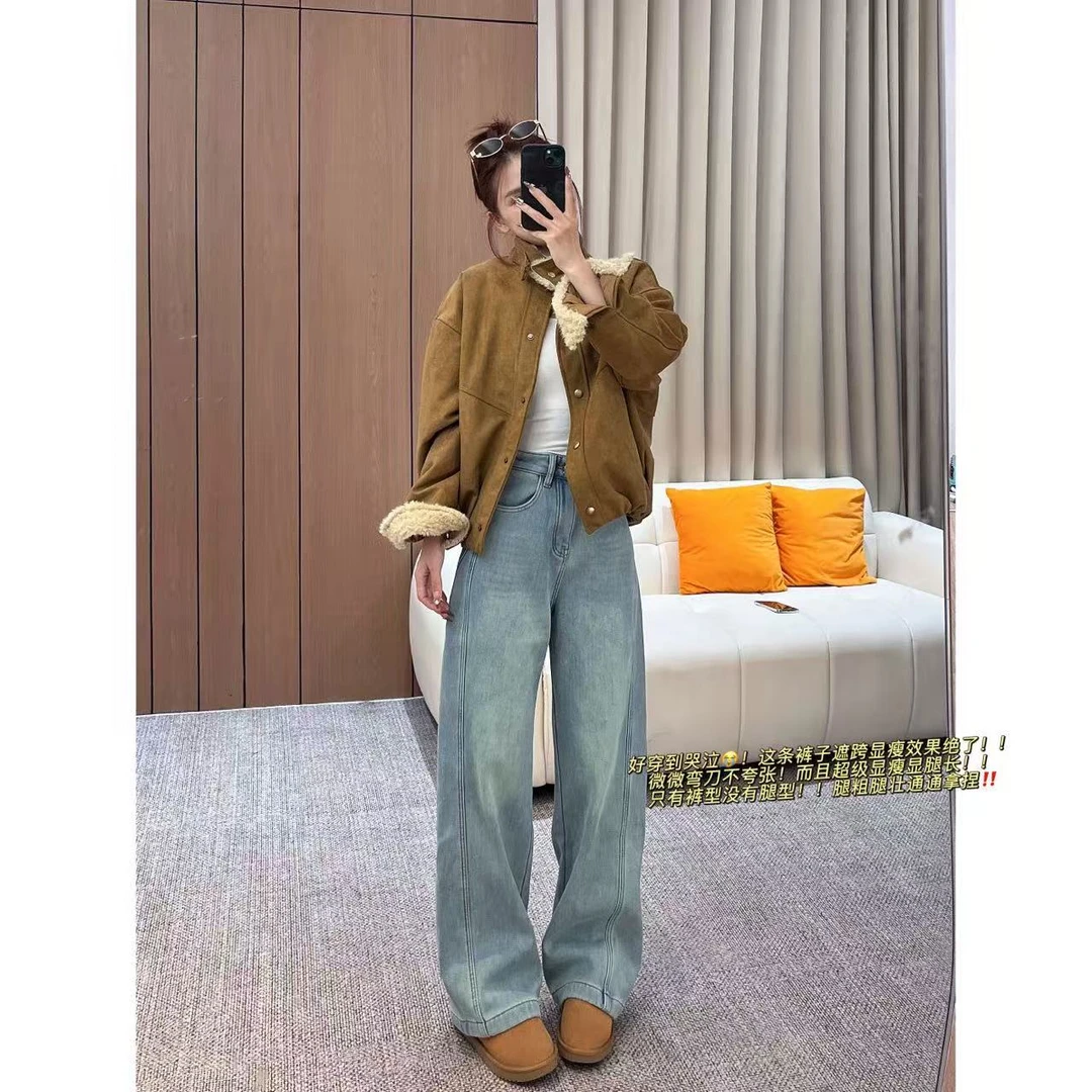 加绒加厚直复古潮流筒牛仔裤女秋冬新款显瘦身材-K3693