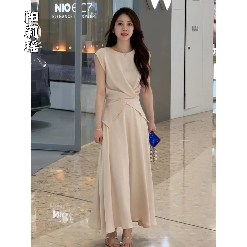 法式纯色不规则系带缎面上衣半身裙高级感两件套2025夏季新款女装