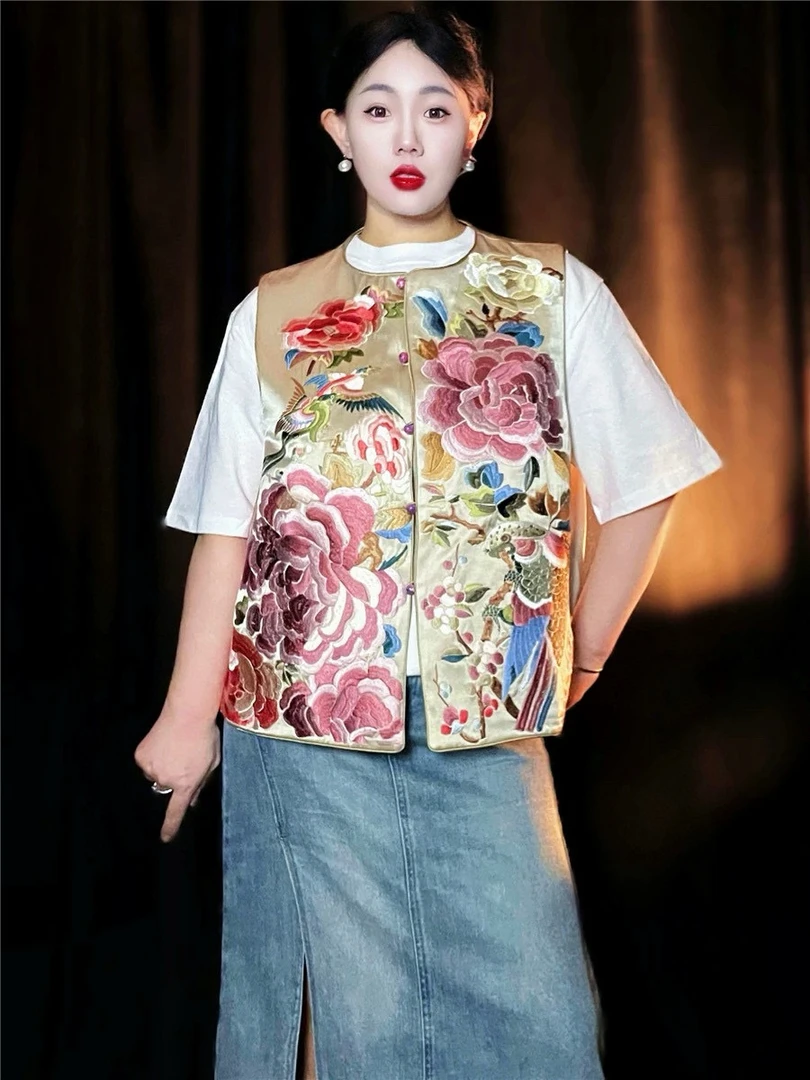［微姐推荐］重工刺绣醋酸新中式喜鹊牡丹马甲女中国风民族风