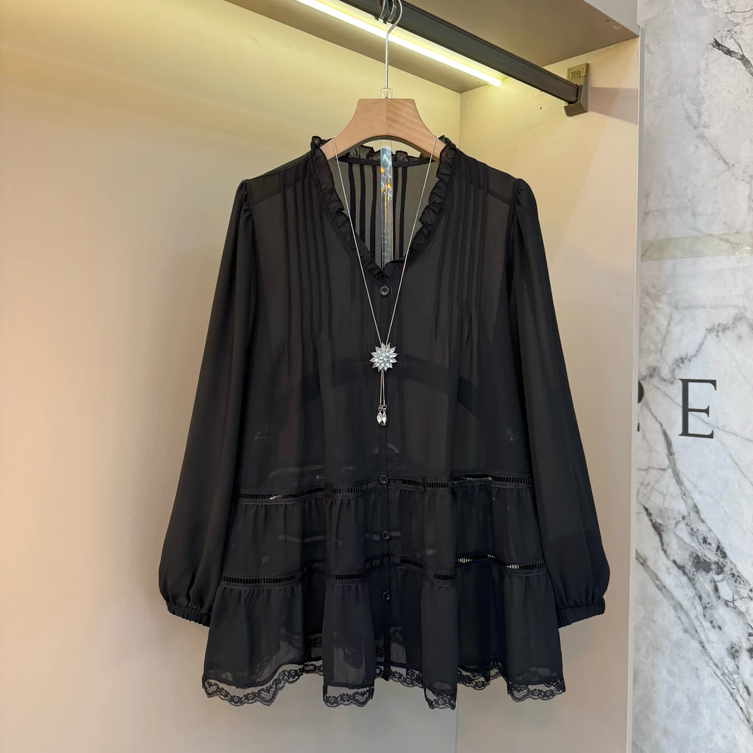 新款V领拼接木耳花边设计感长袖时尚大气胖妹妹百搭显瘦上衣9130